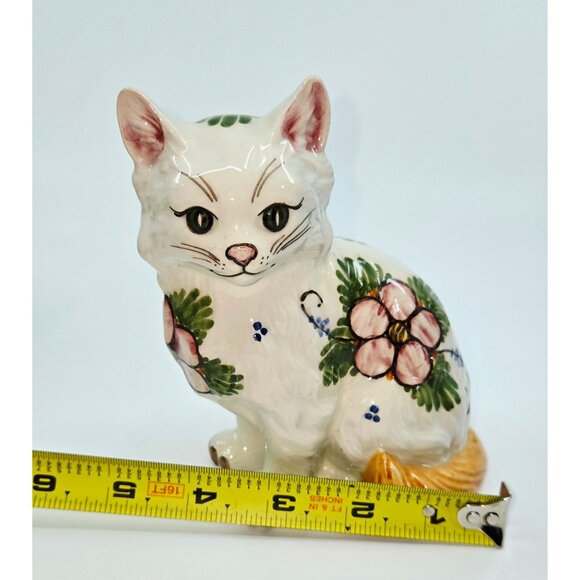 Handpainted Delft Style Ceramic Cat Figurine 5.5" Tall With Floral Design - Picture 7 of 7
